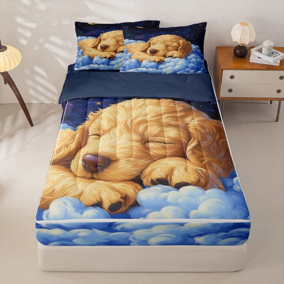Homewish Lovely Golden Retriever Zipper Twin Comforter Sets with Fitted Sheet and 2 Pillowcases,Cartoon Dog Zipper Bedding Set,White Clouds Decor,Navy Blue Reversible,4pcs
