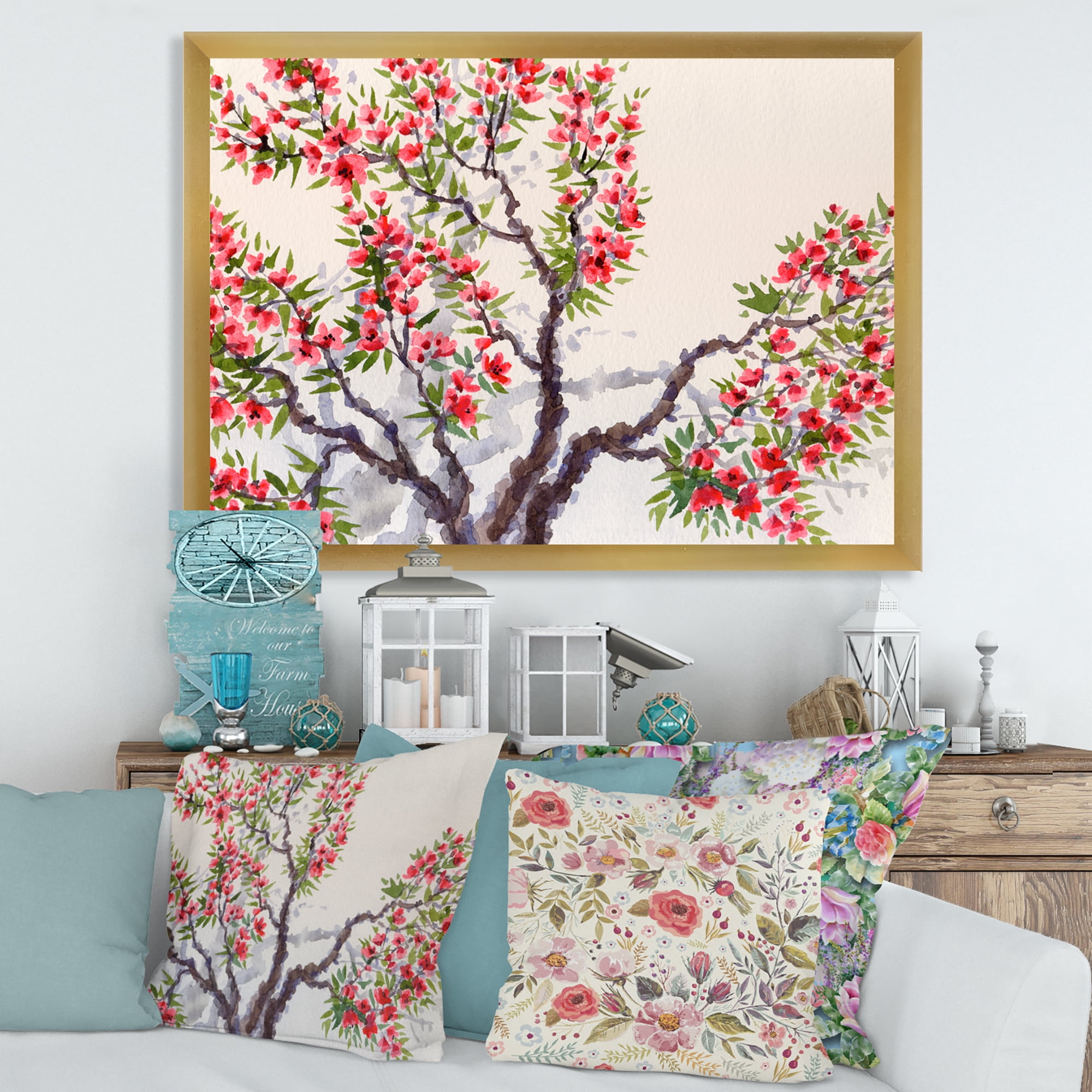 Red Flowers On The Spring Blossoming Tree II 40 in x 30 in Framed Painting Canvas Art Print, by Designart