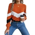 thumbnail image 2 of Womens Sweater Pullover Casual Long Sleeve Crewneck Color Block Pullover Knit Sweater for Women Orange Color XL, 2 of 9