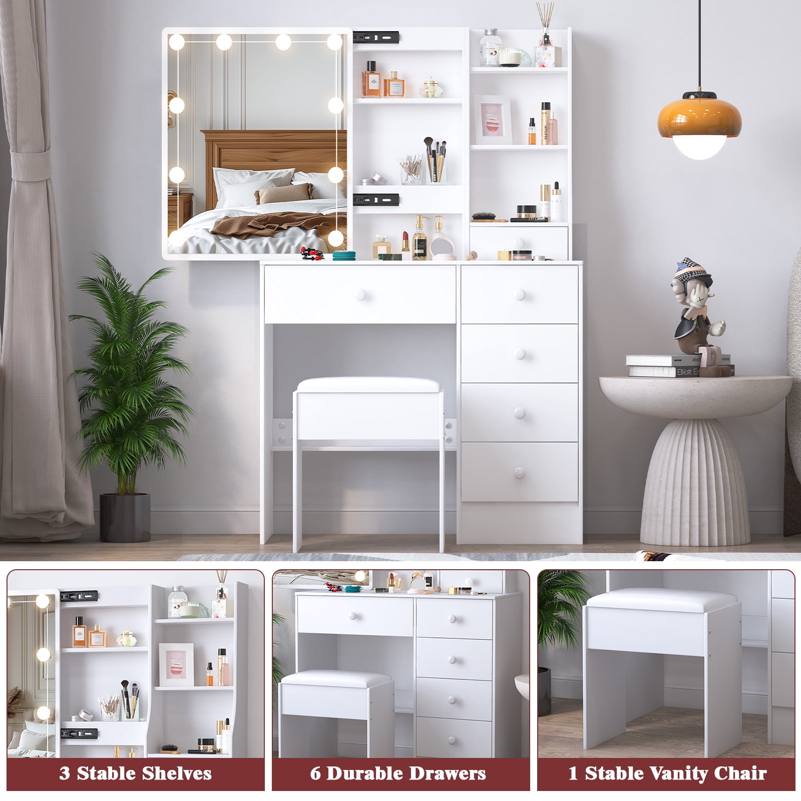 Caulitar Makeup Vanity Set with Sliding Mirror, Makeup Table With 3-Color LED Lights Vanity Desk with Stool & 6 Drawers & Shelves, White