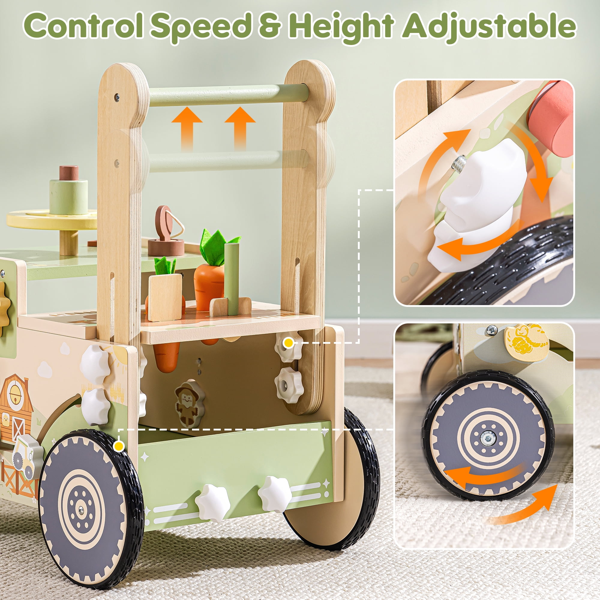Robud Wooden Baby Walker for 10+ Months, Adjustable Speed & Height Learning Push Toy Montessori Activity (Rustic Farm Adventure Theme)