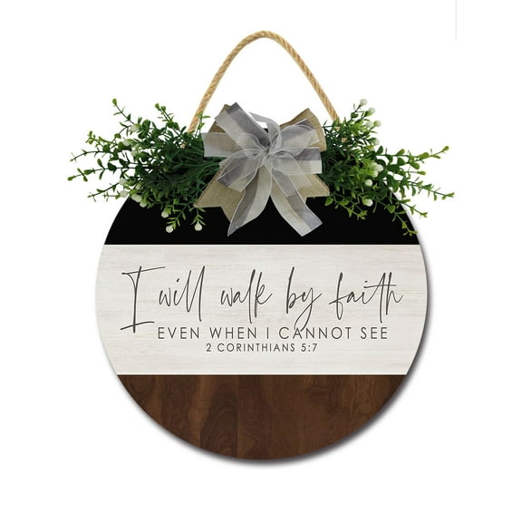 I Will Walk By Faith Sign for Front Door, Decor for Farmhouse Porch Decorations, Round Wooden Hanging Sign Housewarming Gift for Home Outdoor Indoor