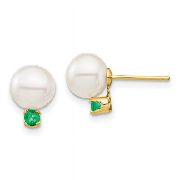14k 7-7.5mm White Round Freshwater Cultured Pearl and .18EM Emerald Post Earrings XF753E/E