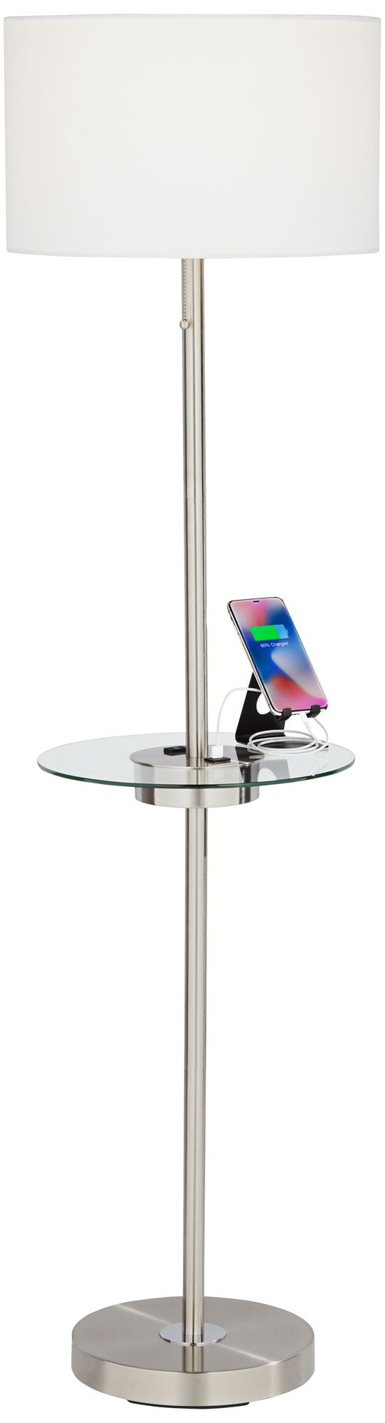 360 Lighting Caper Modern Floor Lamp with Tray Table 60 1/2" Tall Brushed Nickel USB and AC Power Outlet Off White Fabric Drum Shade for Living Room