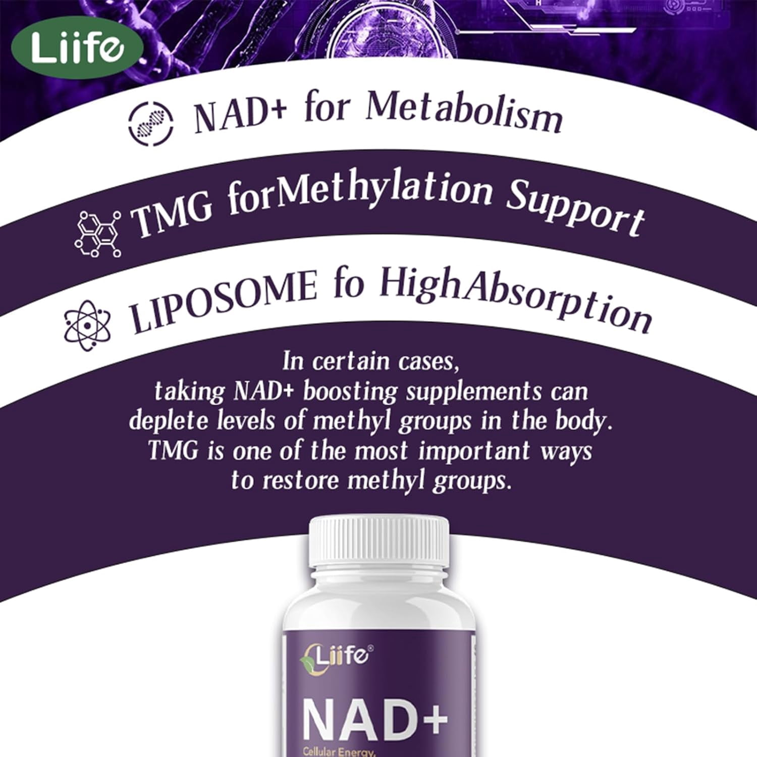 Liife Nicotinamide Adenine Dinucleotide 600mg, with Nicotinamide, Curcumin, Supports Anti-Aging, Cellular Renewal & Immune Defense, 60 Veggie Capsules