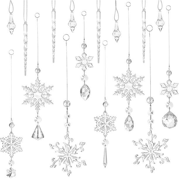 16 piezas de decoraciones navideñas de copos de nieve de cristal, decoraciones navideñas colgantes de copos de nieve, juegos de adornos de copos de nieve, decoraciones de carámbanos de acrílico, copo