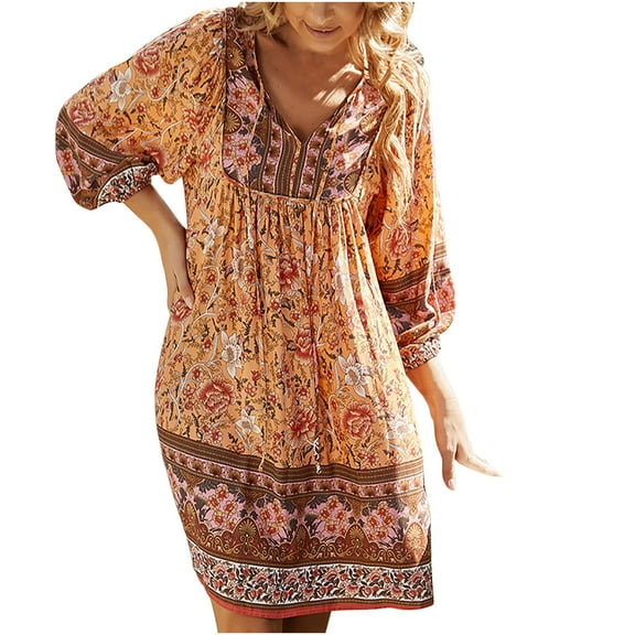 LEAVINGSUO Women's Casual Dresses Women's Fashion Bohemian V-neck Loose 3/4 Sleeve Print Length Dress Orange M