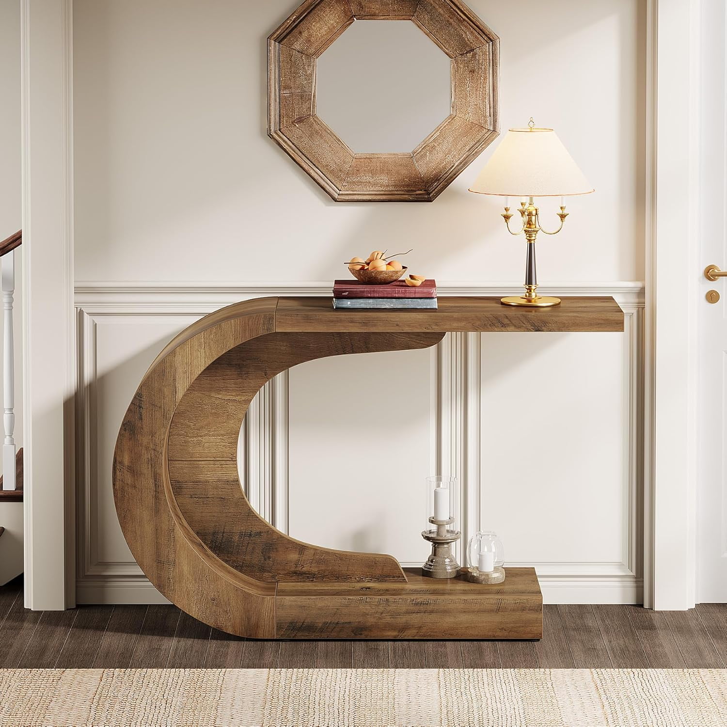 Tribesigns 43.3" C-Shaped Console Table, Mid-Century Modern Wood Entryway Hallway Table for Hall, Living Room, Entrance, Foyer, Vintage Brown