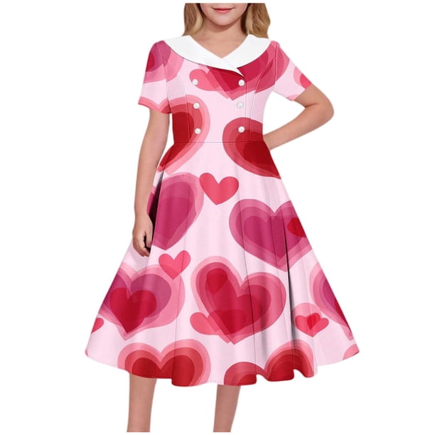 Vestido de manga corta con cuello en V para niña, estampado de manga corta, falda con cuello doblado y cintura mediana y grande, de poliéster.