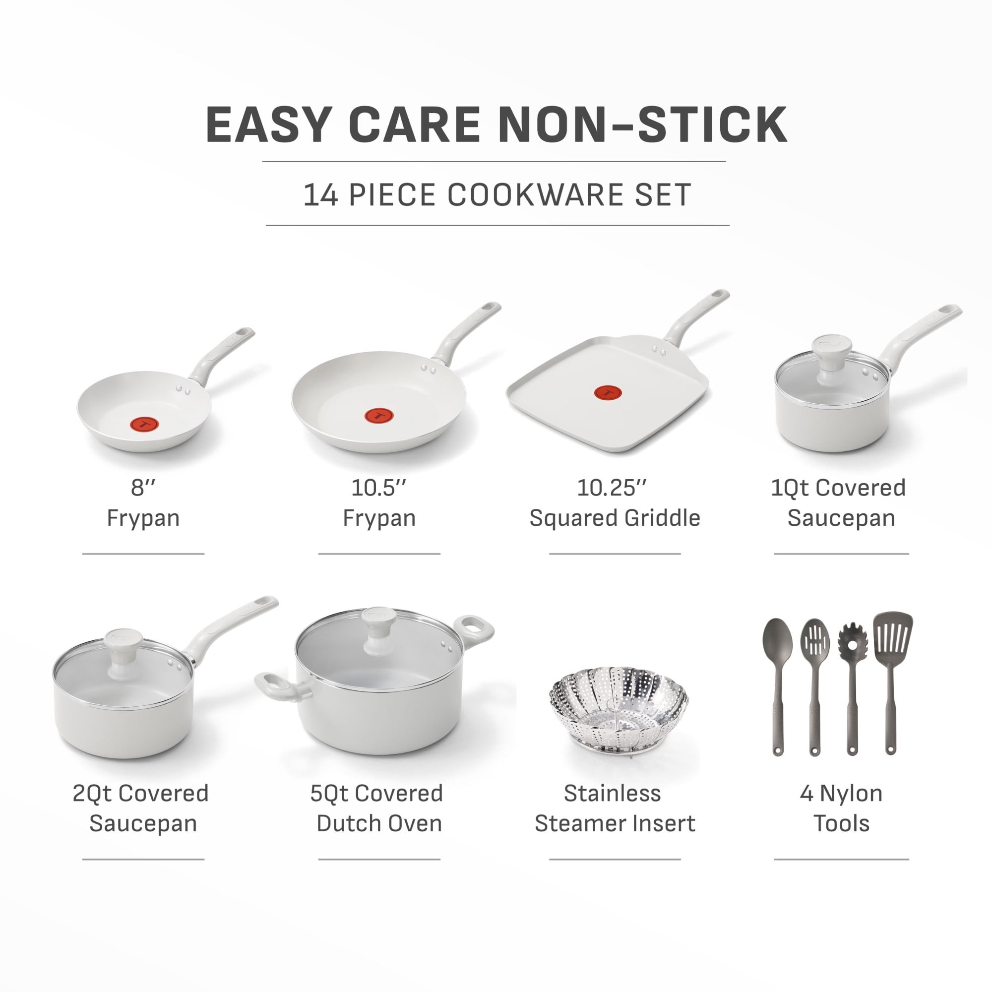 T-fal Easy Care 14 Piece Nonstick Cookware Set, Pots and Pans, Light Grey