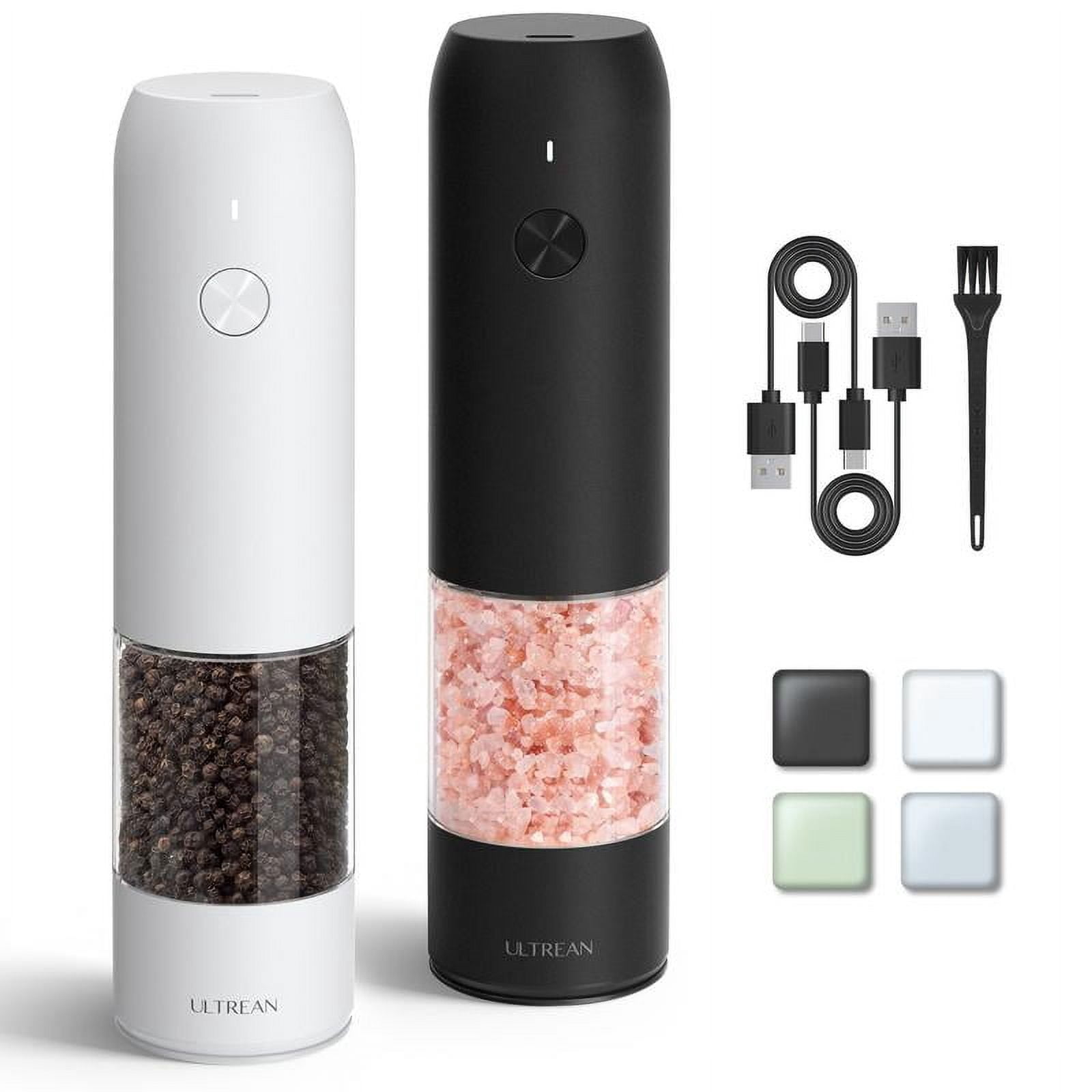 Ultrean Electric Salt & Pepper Grinder Sets, 2pcs Rechargeable, Adjustable, Stainless Steel Construction, Auto Dust Lids, LED one-hand operation