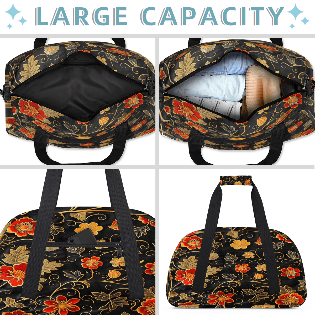 Herdesigns Gold Red Flowers Sports Duffle Bag for Women & Men, Retro Floral Gym Bag Dance Bag Overnight Bag Carry On Weekender Travel Bag