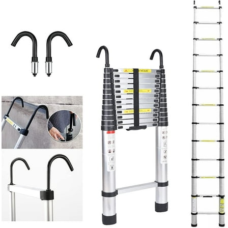 Jupitor 16FT Aluminum Telescoping Ladder with 2 Roof Ladder Hooks, Collapsible, Heavy Duty, 330 Pound Capacity