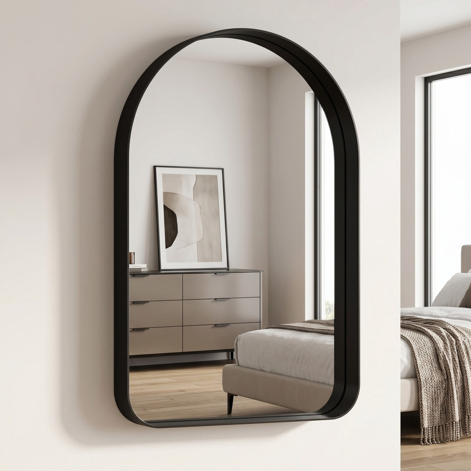 Gleamira 36"x48" Arched Bathroom Mirror Rounded Corner Vanity Wall Mirror with Deep Frame, Black