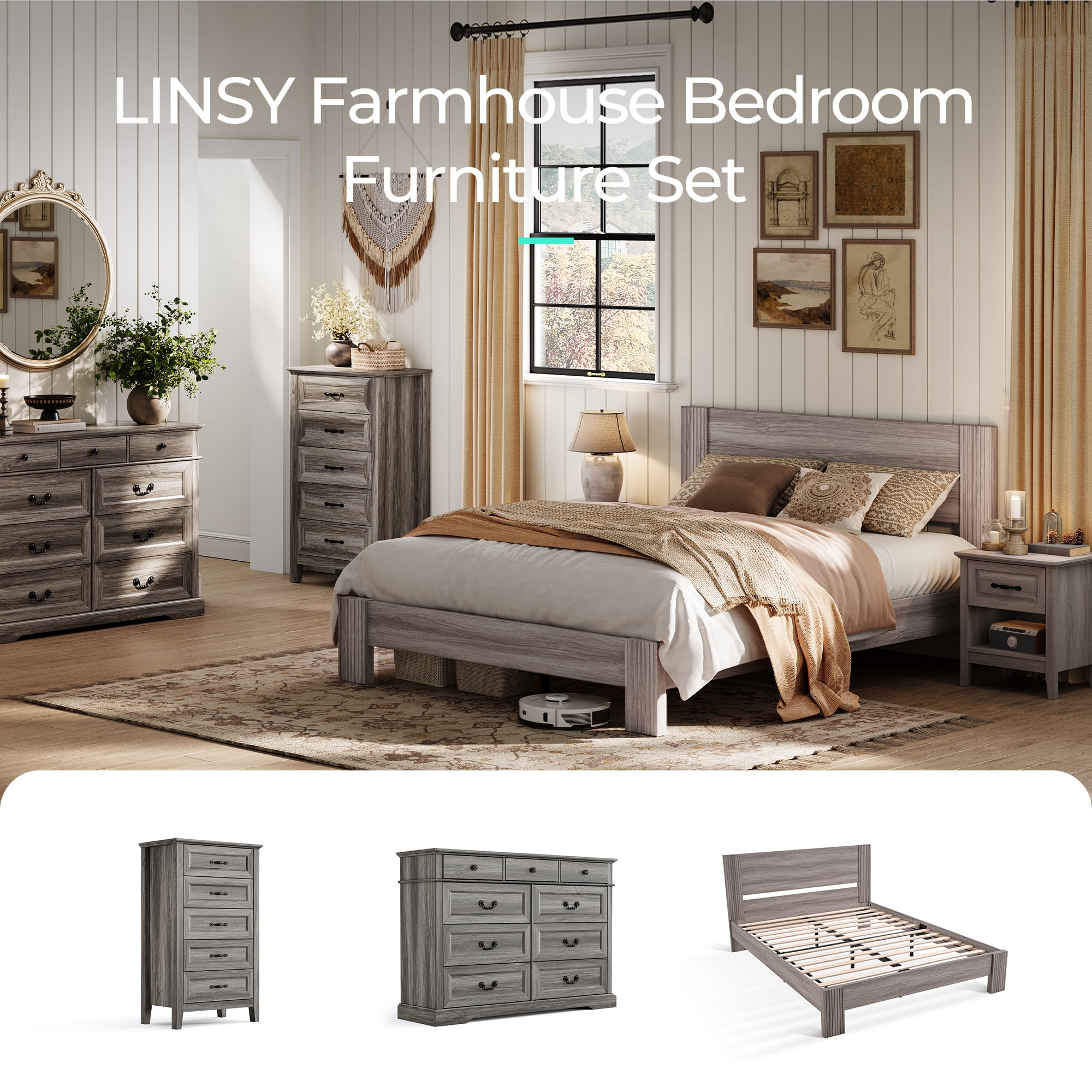 Linsy Home Nightstand for Bedroom set of 2 with Charging Station, Farmhouse End Tables for Living Room set of 2 with Drawer, Grey