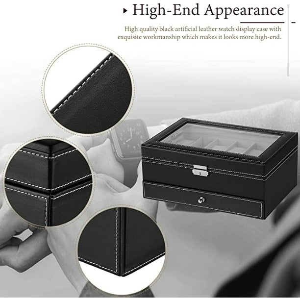 2 Tiers Mens Watch Box Case with Jewelry Display Drawer and Glass Top,  Lockable Leather Watch Storage Organizer