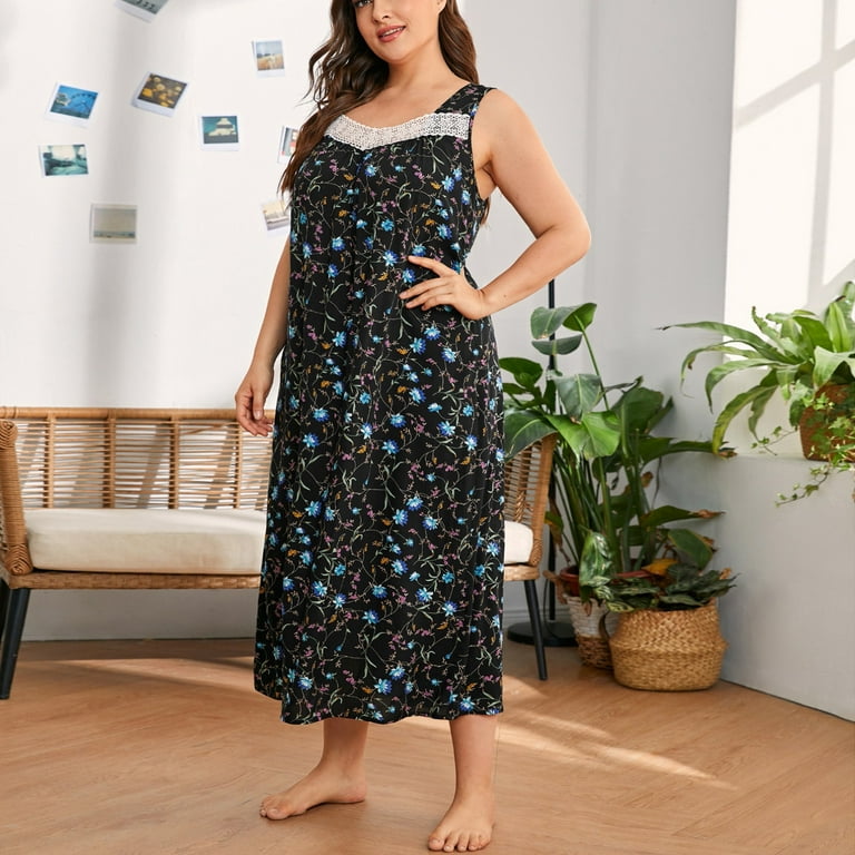 Baywell Plus Size House Dress Womens Sleeveless Mumu Duster Dress Floral Printed Lace Square Neck Moo Moo Dress Tank Nightgown Sleepwear Casual Long Pajamas Lounger Dress XL 5XL Walmart