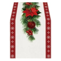 Luoshdecor Christmas Poinsettia Table Runner, 13x72 in Winter Berry Pinecone Floral Table Decoration for Home Kitchen Dining Holiday Party Decor