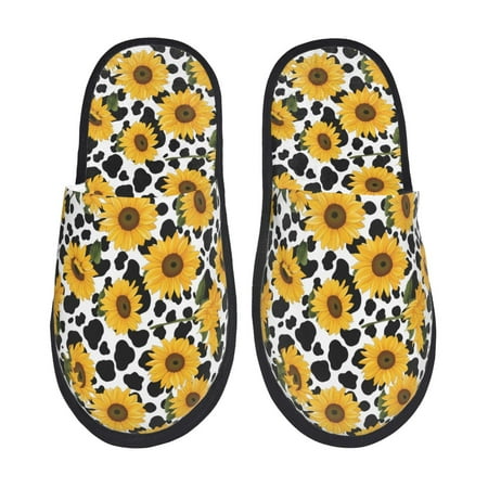 Balery Cow Print Sunflower Slient Indoor Furry Fleece Comfort House Shoes Soft Non-Slip Home Shoes Cotton slippers House Slippers-- Large