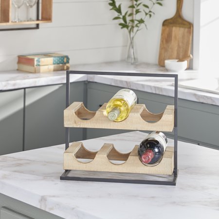DecMode Farmhouse Natural Brown Wood Wine Rack with Robust Black Metal Frame  14 W x 13 H