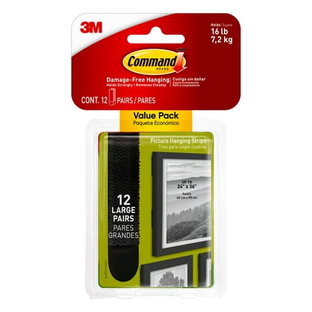 Bath Picture Hanging Strips, Large, Removable, Holds Up To 4 Lbs Per Pair, 0.75 X 3.65, Black, 12 Pairs/pack | Bundle of 5