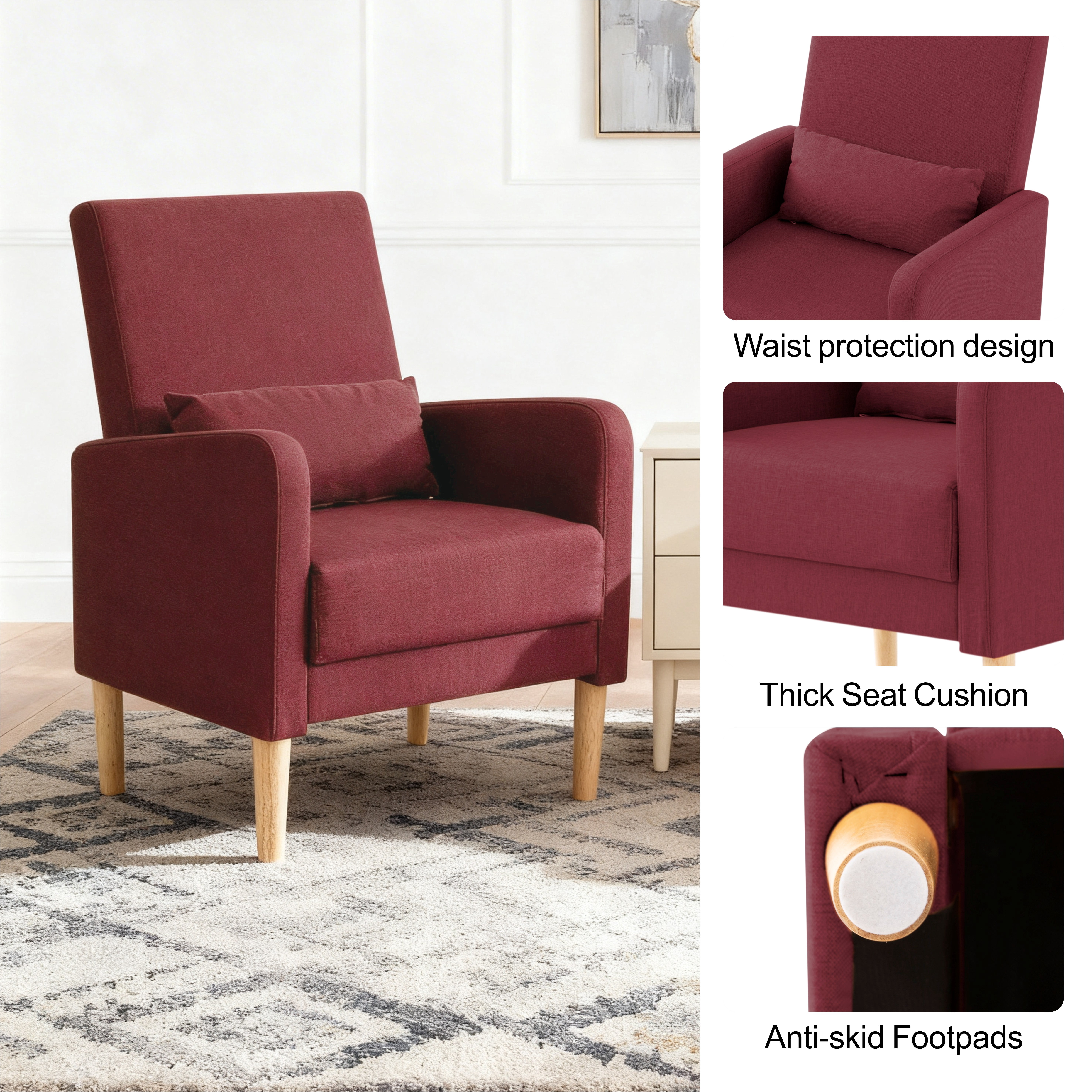 Gewnee 26.5"Accent Chair,Linen Fabric Upholstered Comfy Armchair with Solid Wood Frame & High Back,Single Chair for Living Room,Apartment,Office.Dark Red