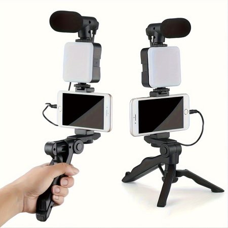 Multifunction ABS Desktop Tripod with LED Fill Light, Mini Shotgun Mic & Handheld Stabilizer | Foldable Phone Camera Stand for Vlog Interview, Black