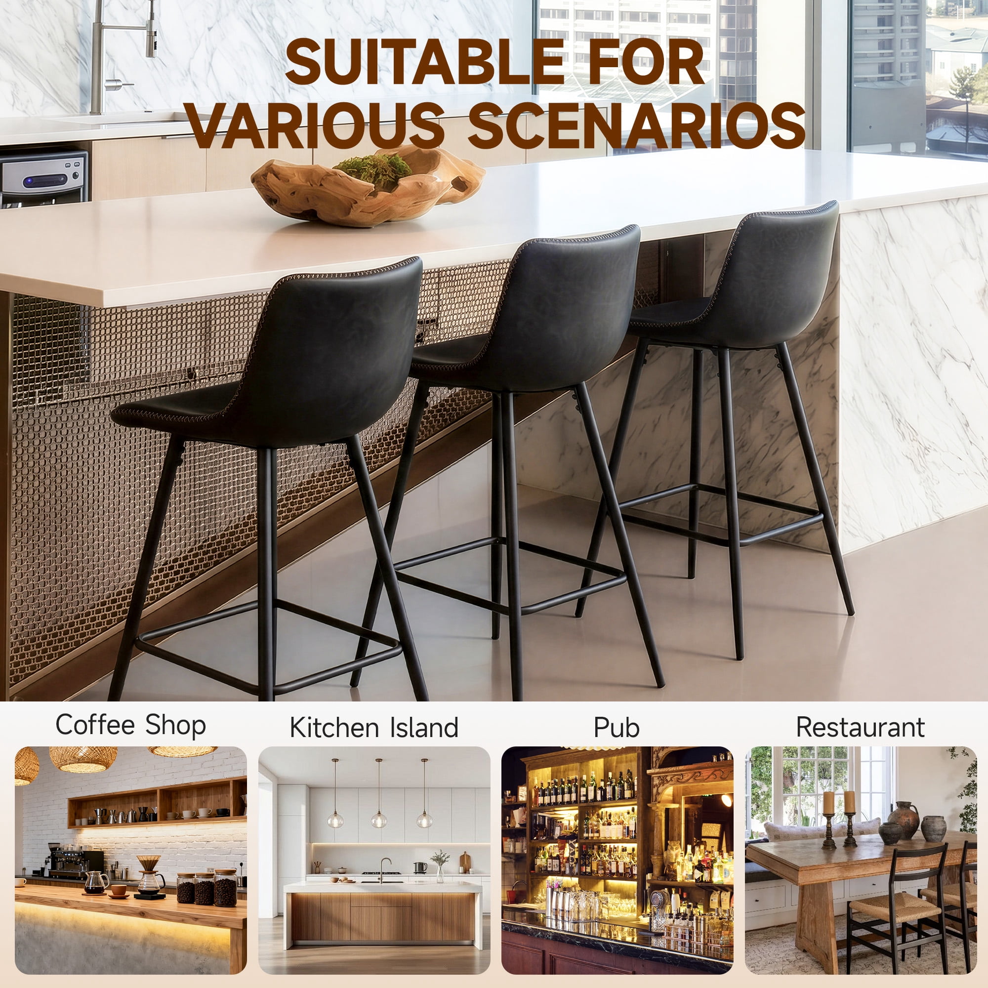 COOLHUT 24 Inch Bar Stools Set of 3, Counter Height Bar Chair with Footrest, Upholstered Faux Leather Bar Chair, Counter Stools with Sturdy Metal Legs, Black
