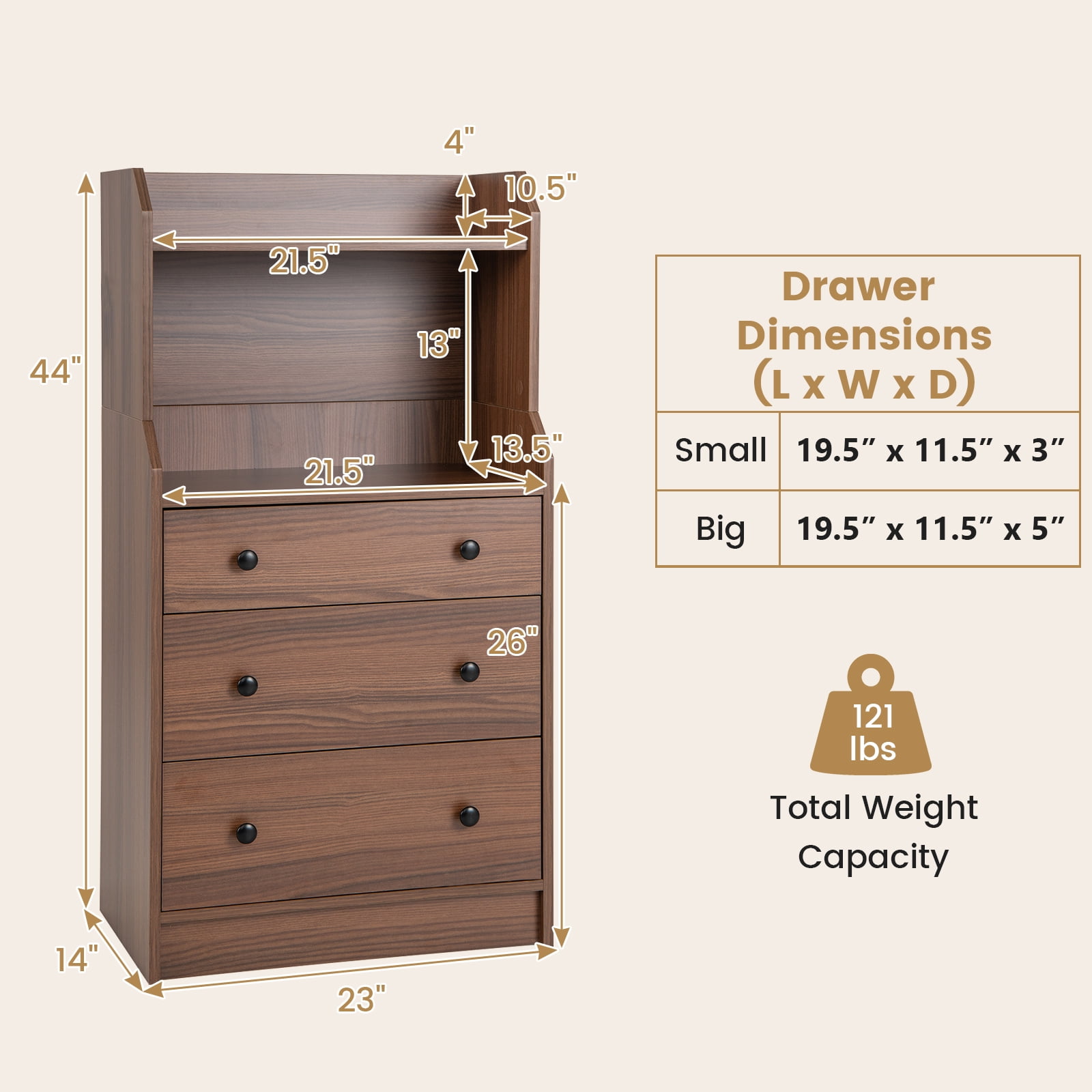Giantex 3 Drawers Dresser for Bedroom, Storage Dresser Chest w/Anti-toppling Device, Tall Nightstand, Walnut