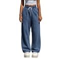 thumbnail image 2 of Women's Drawstring High Waist Wide Leg Sweatpants Y2K Loose Casual Joggrt Pants Soft Athletic Streetwear Pants with Pocket Fall Outfit Navy, 2 of 8