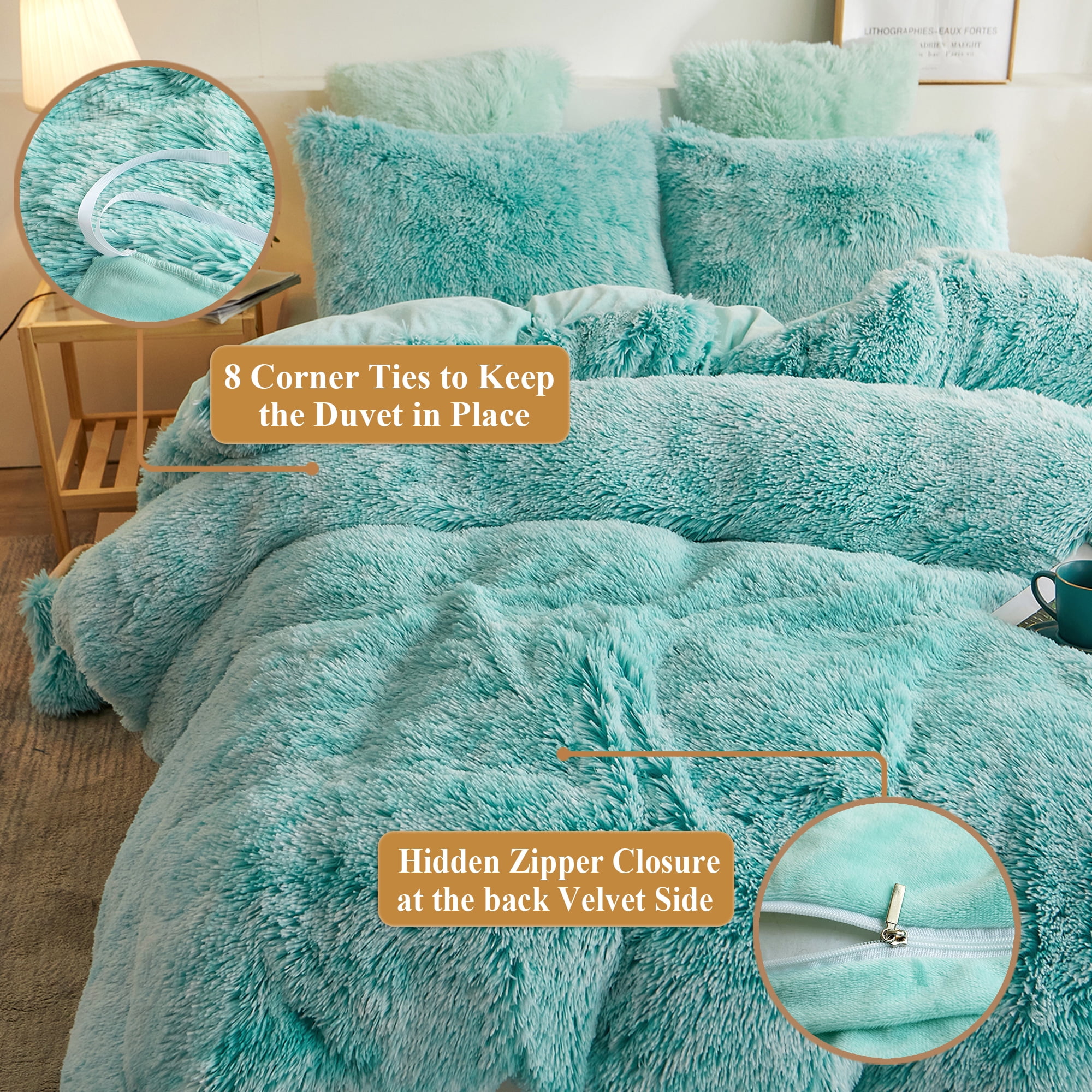 XeGe Luxury Plush Shaggy Duvet Cover Set, Soft Faux Fur Fuzzy Comforter Cover Set, 3 Pieces Fluffy Bedding Sets(1 Furry Duvet Cover + 2 Throw Pillow Shams), Zipper Closure, Queen Size, Aqua Ombre