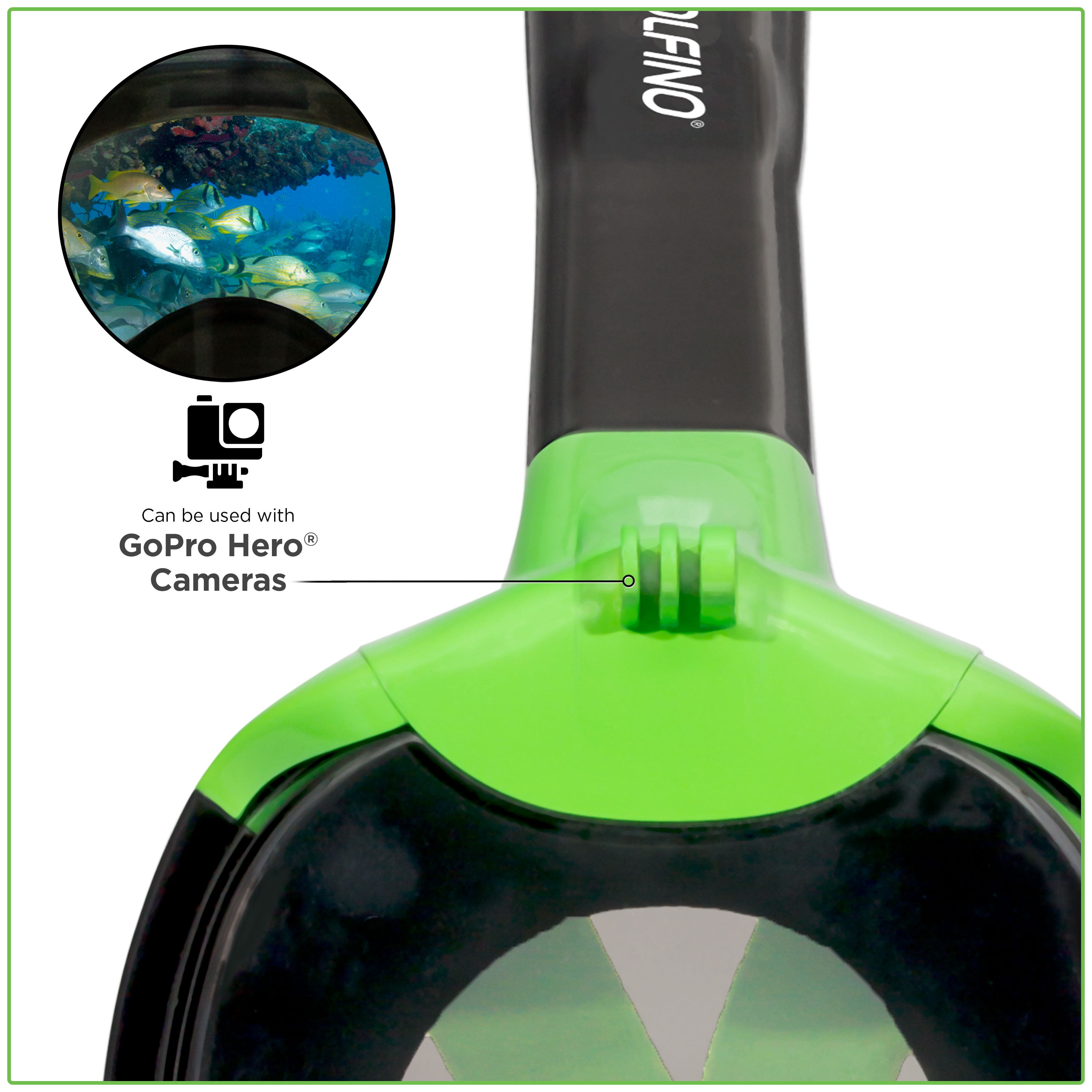 Dolfino Calypso Black Full Face Swim Mask Snorkels with Fog Resistant Lens and Camera Mount, Large
