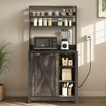 Uforic Bakers Rack with Shelves & Power Outlets, 6-Tier Microwave Stand with Trash Bin Cabinet, Rustic Oak