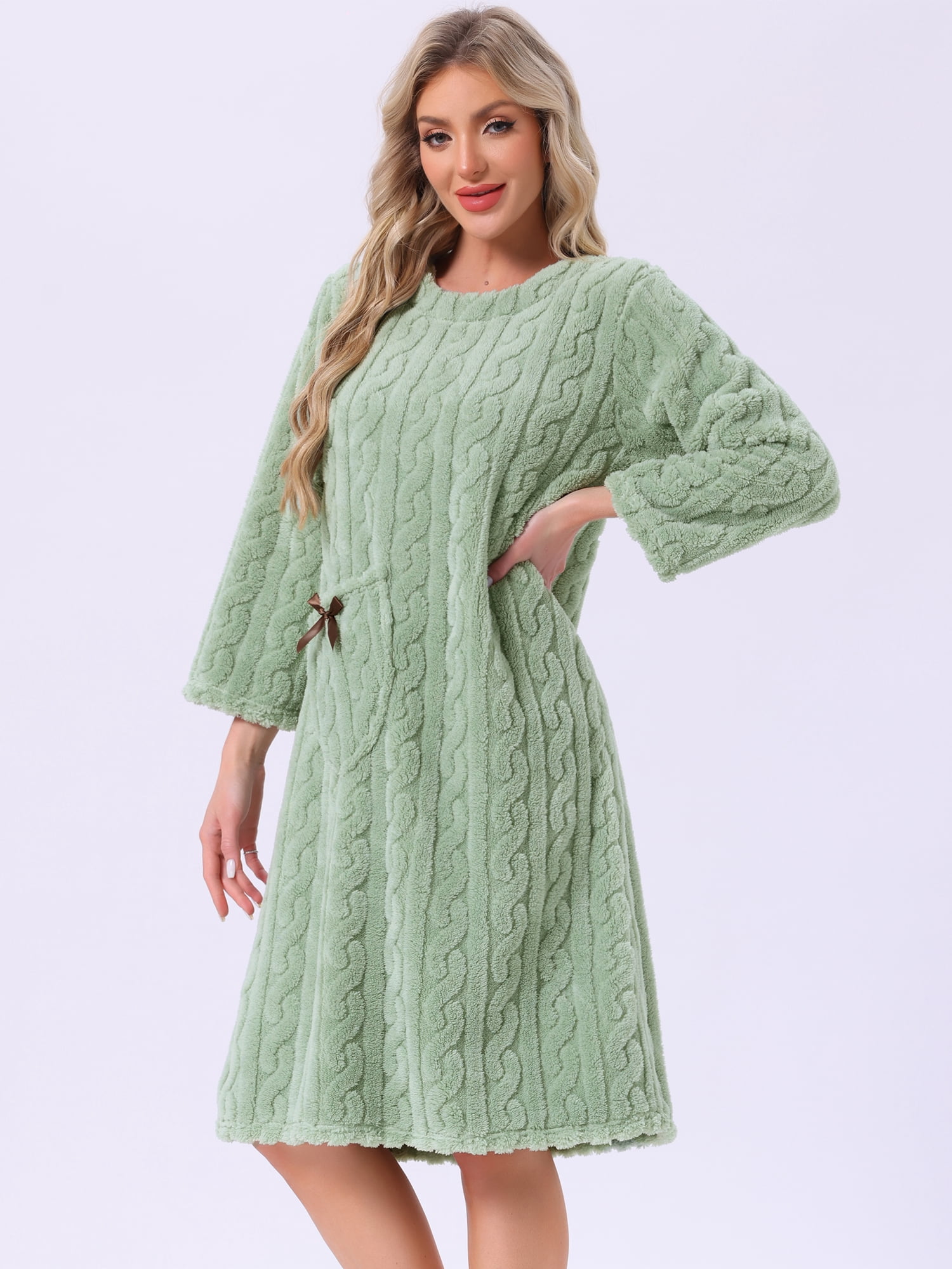 DARING DIVA Women's Flannel Fuzzy Fleece O Neck Sleepdress with Pocket S Light Green