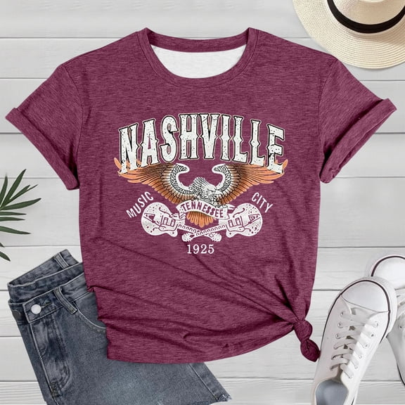 HCYSFG Women's Nashville Graphic T-Shirt Casual Crew Neck Short Sleeve Souvenir Top Vintage Music City Print Summer Tee