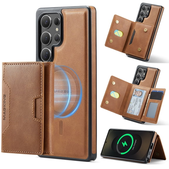 For Samsung Galaxy S26 Ultra Case Compatible with MagSafe, Removable 2 in1 PU Leather Wallet Case with RFID Blocking Card Holder Kickstand Foldable Folio Magnetic Protective Phone Cover,Brown