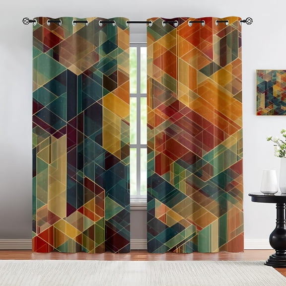 Retro Colorful Gradient Geometry Privacy Curtains, Abstract Golden Lines Decor Window Curtains, Insulation Blackout Grommet Window Drapes For Living Room Kitchen Bedroom 29"W x 63"L (Pack of 2)