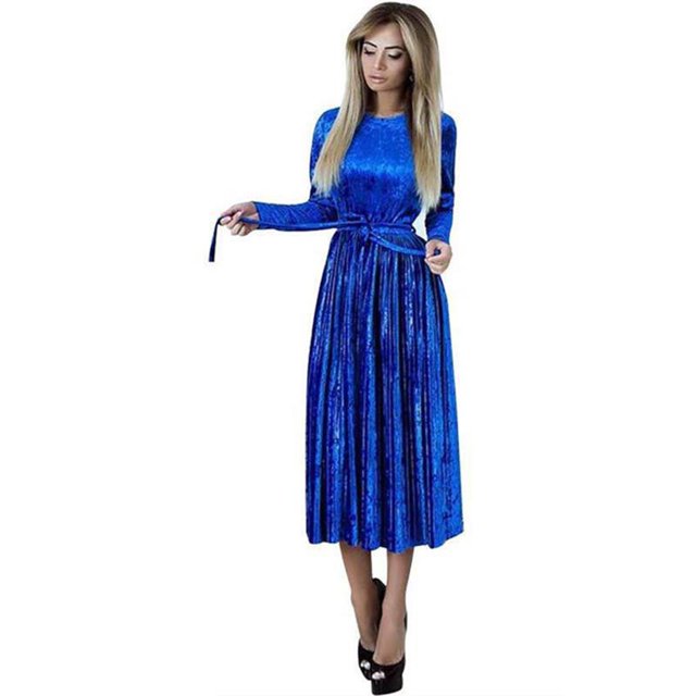 Robe en Velours à Manches Longues pour Femmes Mode Velours Couleur Unie Robe Longue Longueur Genou