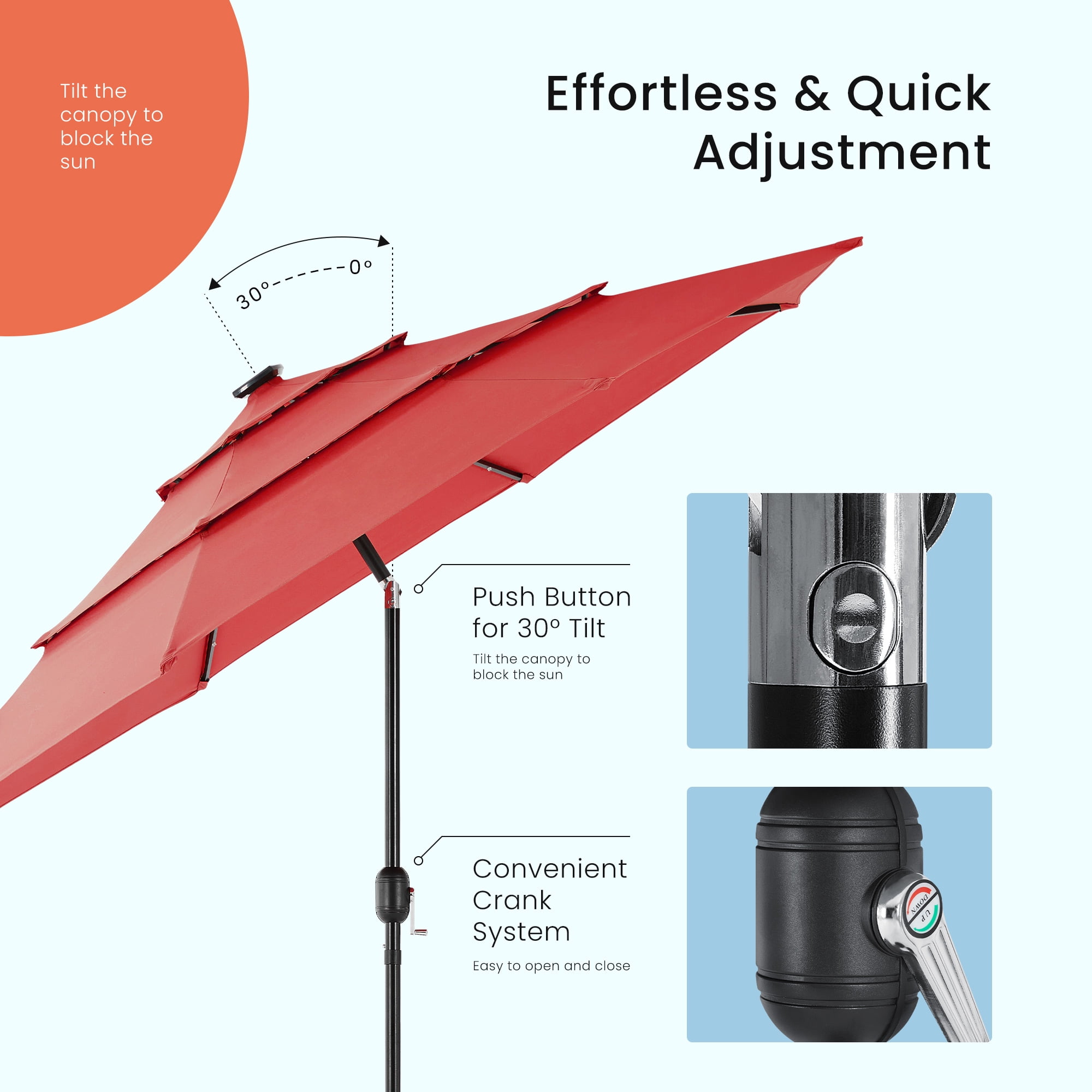 EDX 10ft 3-Tier Solar Patio Umbrella with 32 LED Lights, Outdoor Umbrellas with Push Button Tilt and Crank,Red
