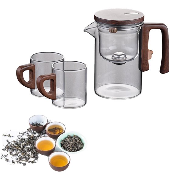 Teapot Tea And Water Separation Elegant Cup Transparent 520Ml   2 Wooden Handle Cups