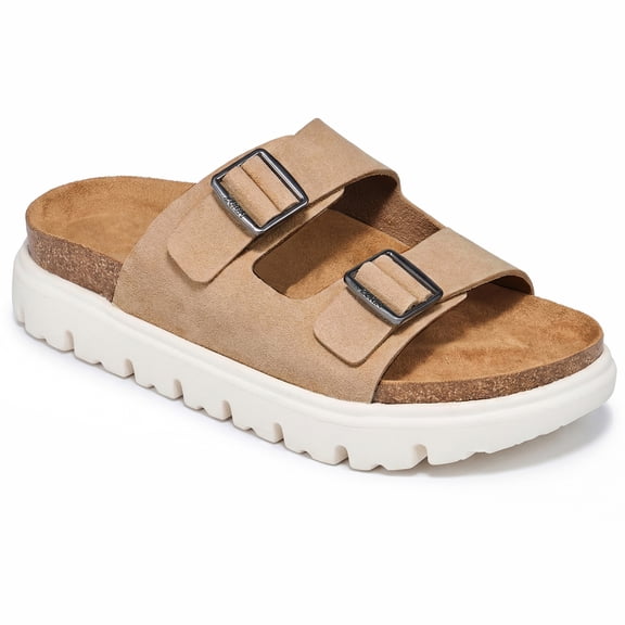 SMILIN Women's Chunky Platform Clog Sandals - Adjustable Buckle Suede Slides with Arch Support Waterproof for Daily Wear, Chestnut Size 8