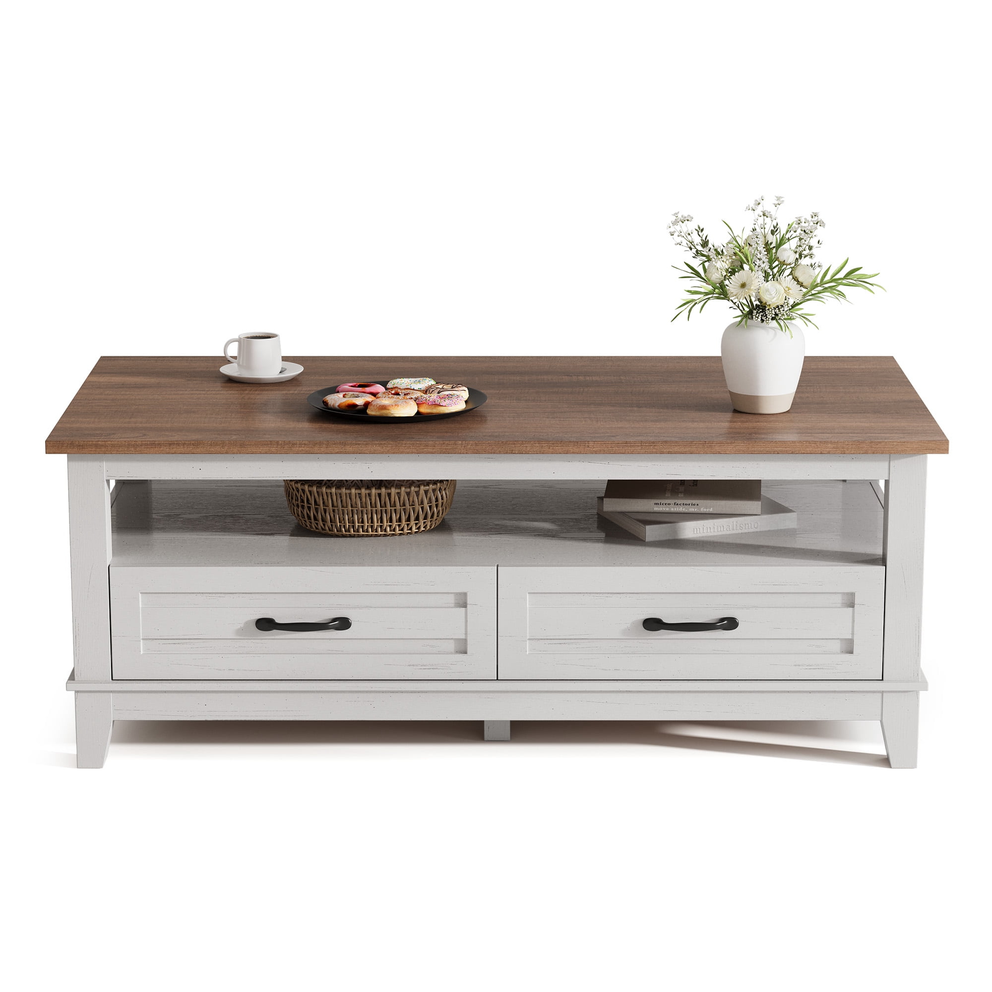 Farmhouse Coffee Table with Storage, Wood Coffee Table for Living Room, Open Display Area and Storage Drawers with Handles, Chic Style for Office, Parlor, Reading Room