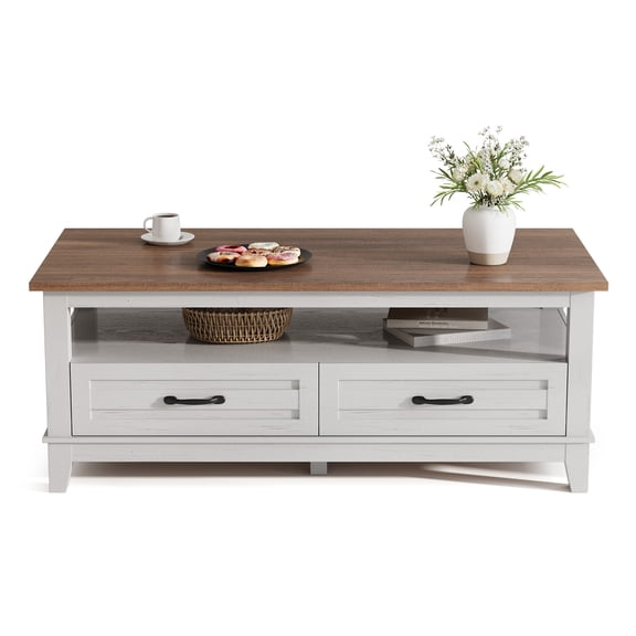 47.2 Inch Modern Coffee Table with Drawers and Open Shelf – Wood Rectangle Center Table for Living Room, Sturdy 6-Leg Design, Easy Assembly – Brown and White Contrast