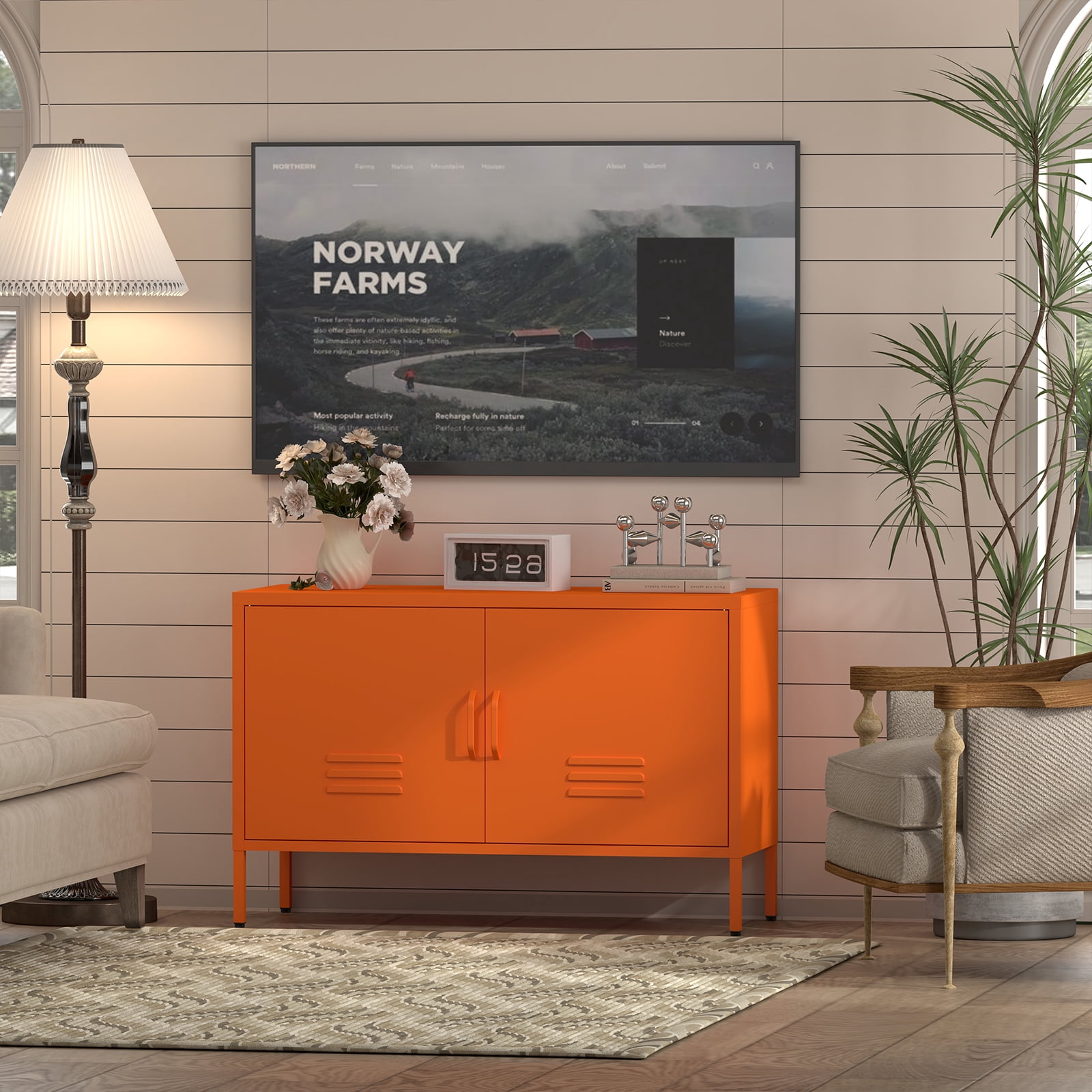 Marcree Metal Storage Cabinet,TV Stand Locker Cabinet, Wide Metal Accent Cabinet with 2 Door, 2-Tier Lockable Storage Cabinet, Orange