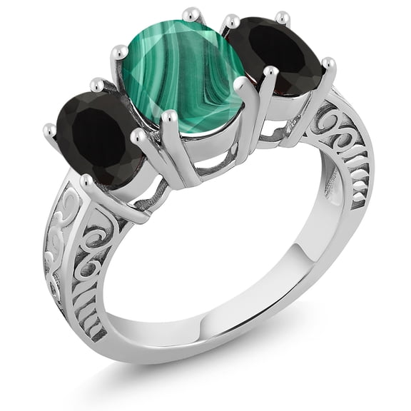 Gem Stone King 3.90 Ct Oval Green Malachite Black Onyx 925 Sterling Silver Ring (Size 8)