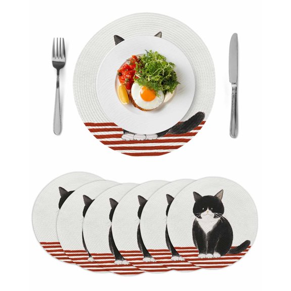 Cute Cats Round 13 Inch Placemats Set of 6, Modern Abstract Ink Painting Red Striped HeatResistant Non Slip Place Mats for Dining Table, Wipeable Braided Kitchen Table Mats for Housewarming