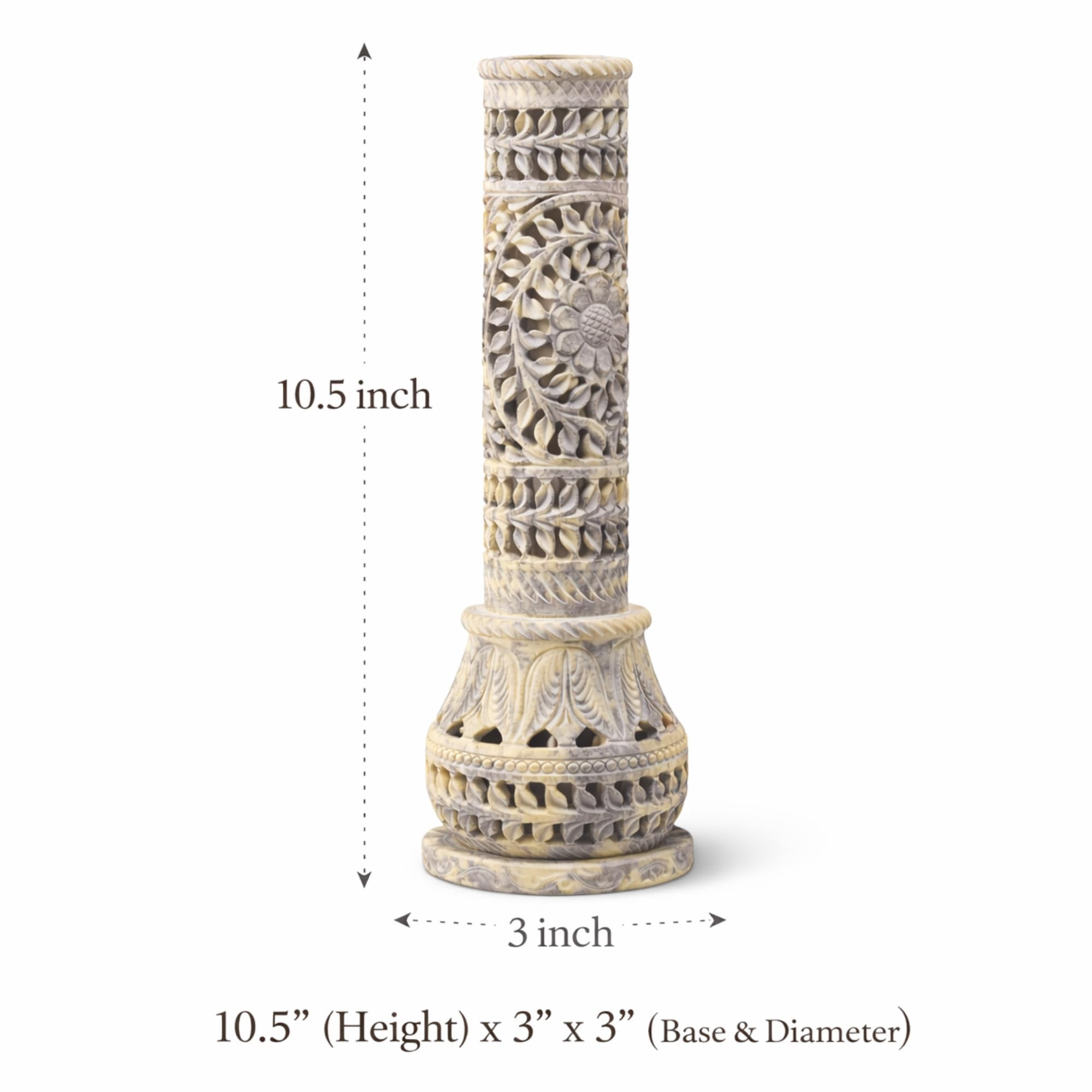 Marble Soapstone Incense Stick Holder | Candle Burner Tea Light Stand - Handmade Bottle Tower. Decorative Floral Carving For Gifting Home And Office Decor (3x3x10.5 Inches)