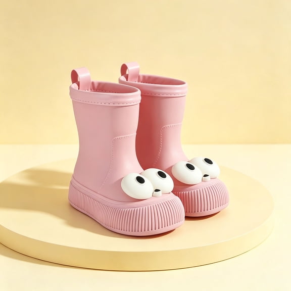 Womens and Girls 3D Cartoon Big Eyes Mid Calf Rain Boots Non Slip Waterproof PVC Wellies for Park Gardening Rainy Outdoor Pink 36