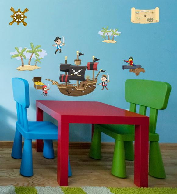 Fun Pirates Pirate Ship and Pirate Treasure Wall Decor Decals for Boys or Girls Rooms Over 20 Decals  including 1 Pirate ship 13.75' long