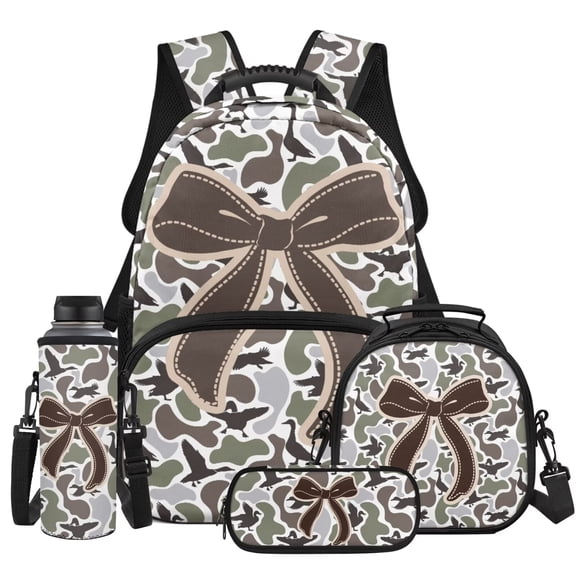 Yspwyqan Bow Backpack Set for Kids, 4Pcs with Lunch Box Pencil Case Water Bottle Bag, Grey Duck Camo Lightweight Bookbag Fits 13 Inch Laptop for Elementary Middle School